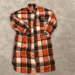 Long Plaid Button-Up Shirt Jacket